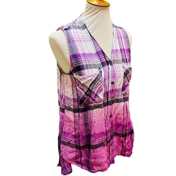 Rock & Republic Purple Checkered Split Back Sleeveless Button Front 100% Rayon B - Picture 13 of 14